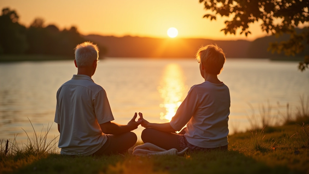 Ramus senjoras mėgaujasi taikia akimirka prie ramaus ežero kranto, gamtos meditacija