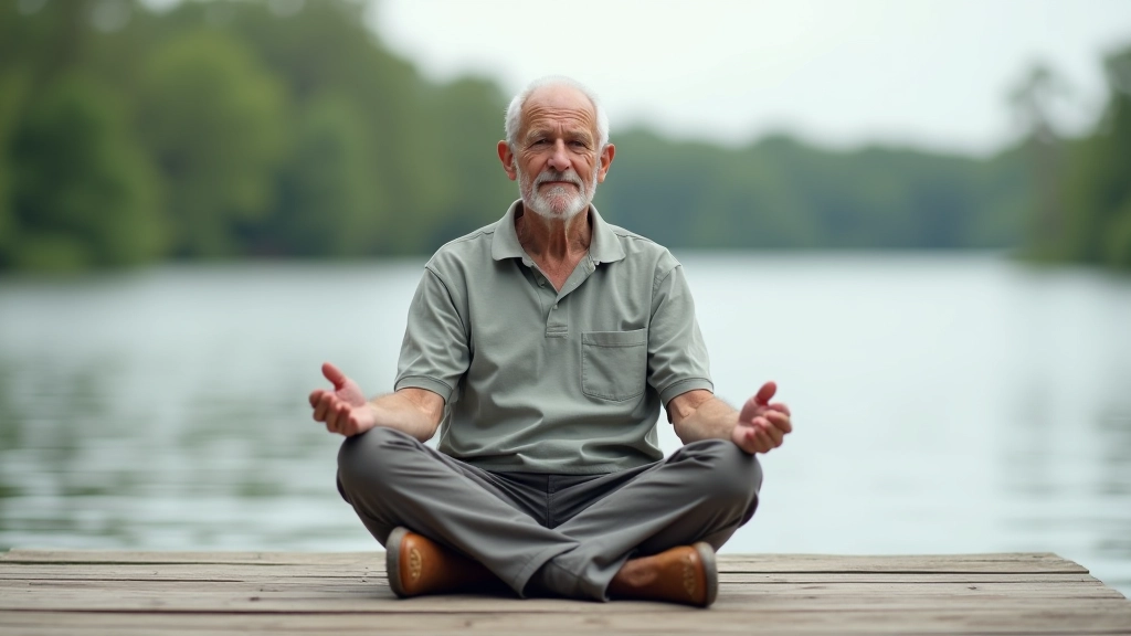 Senyvas žmogus sėdi ant medinio kelio prie ežero, meditacines pozoje, ramia išraiška